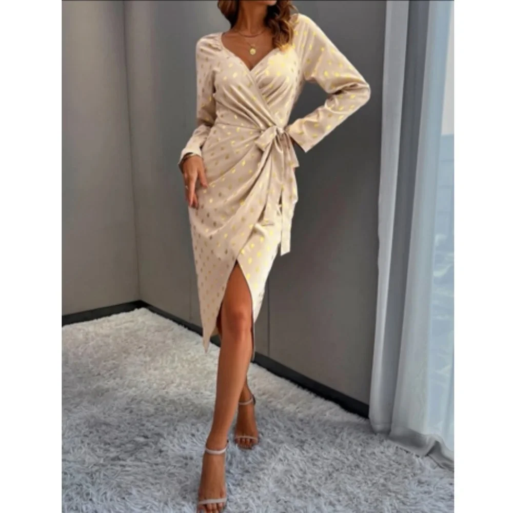 Luxe metallic gold dots wrap knot side party evening formal dress - Picture 4 of 15